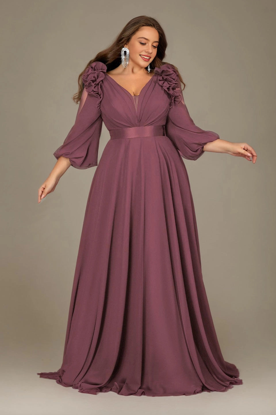 Flowy A-Line Deep V Split-Sleeve Zipper-Back Floor-Length Plus Size Burgundy Mother Of Bride Dress