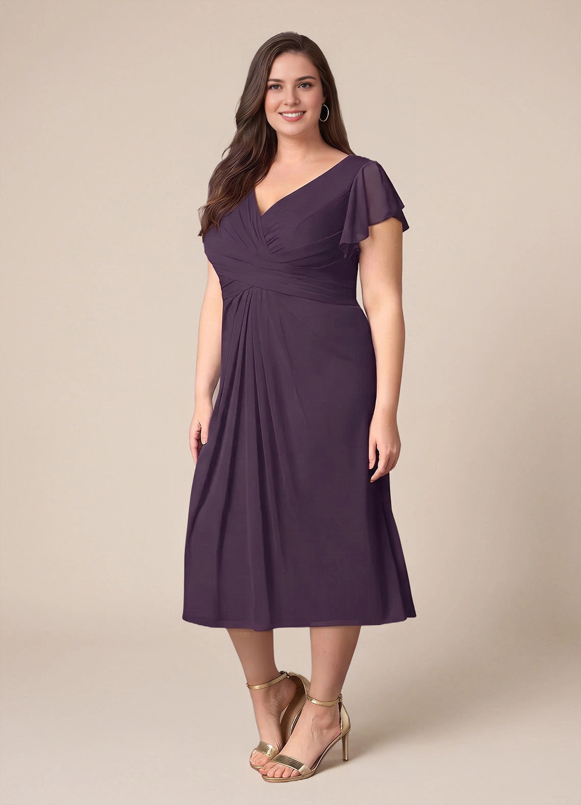 Elegant Plus Size A-Line V-Neck Flutter Sleeve Plain-Back Midi Mother Of Bride Dress