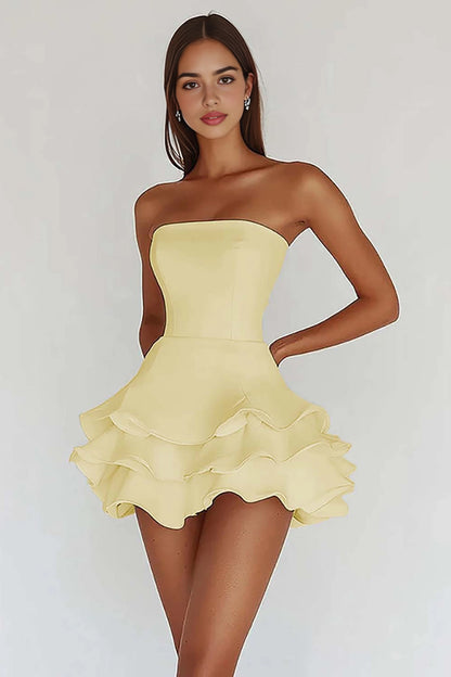 White A-Line Straight Strapless Closed Back Mini Homecoming Dress