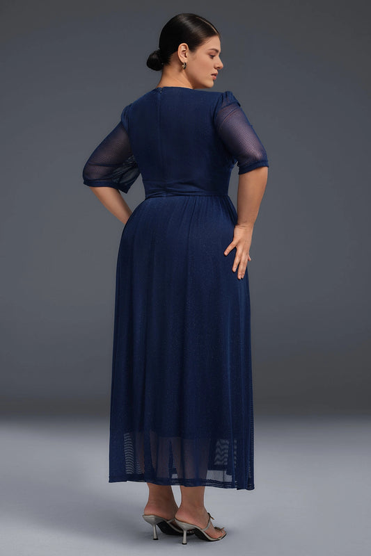 Back view Roselledress navy plus size a‑line evening dress zip‑back shimmer mesh midi formal gown