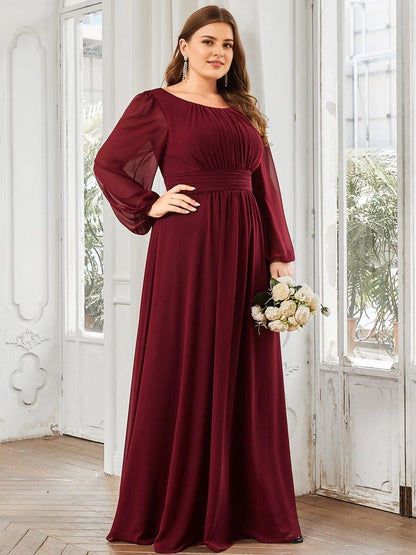 Roselledress Flowy A-Line Scoop-Neck Lantern-Sleeve V-Zip-Back Maxi Plus Size Weeding Guest Dress