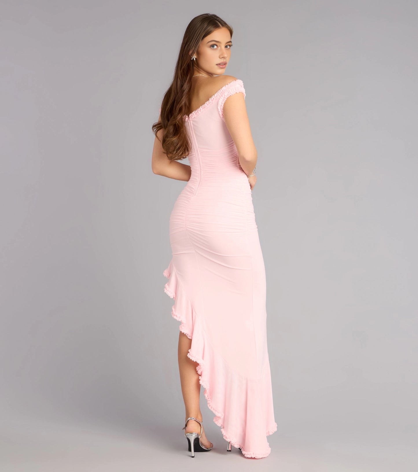 Black Mermaid Off Shoulder Short Sleeve Open Back Floor-Length Prom Dress