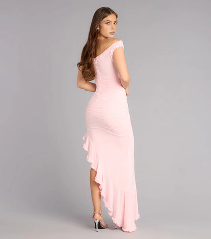 Black Mermaid Off Shoulder Short Sleeve Open Back Floor-Length Prom Dress