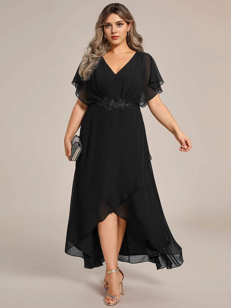 Roselledress Emerald A-Line V-Neck Flutter Sleeve Zip Back High Low Midi Plus Size Weeding Guest Dress