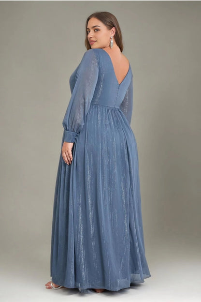 Roselledress plus size evening gown deep v back zipper dusty blue a‑line formal dress rear view