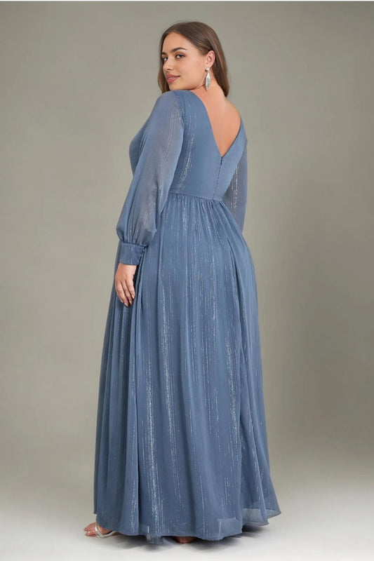 Roselledress plus size evening gown deep v back zipper dusty blue a‑line formal dress rear view