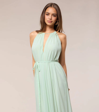 Mint A-Line Halter Keyhole Sleeveless Pleated Back Floor-Length Prom Dress