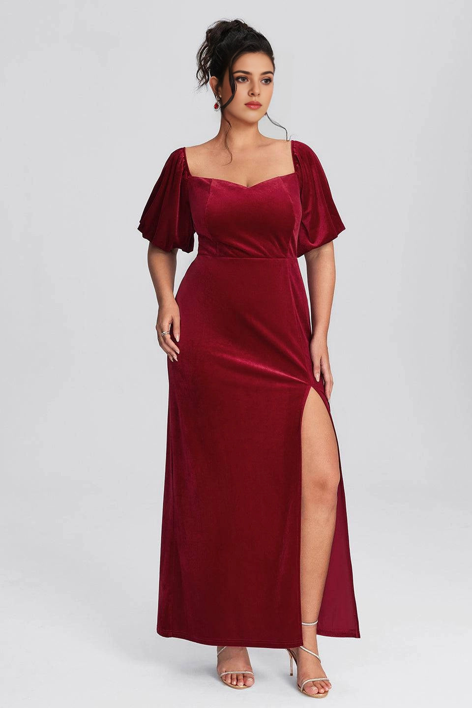 Burgundy Plus Size Sheath Sweetheart Puff‑Short‑Sleeve Smocked‑Back Floor‑Length Prom Dress