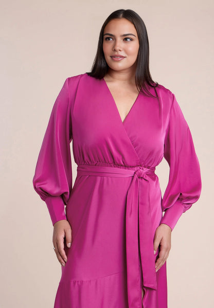 Roselledress Ruffle-Hem Long-Sleeve Satin Midi Plus Size Wedding Guest Dress