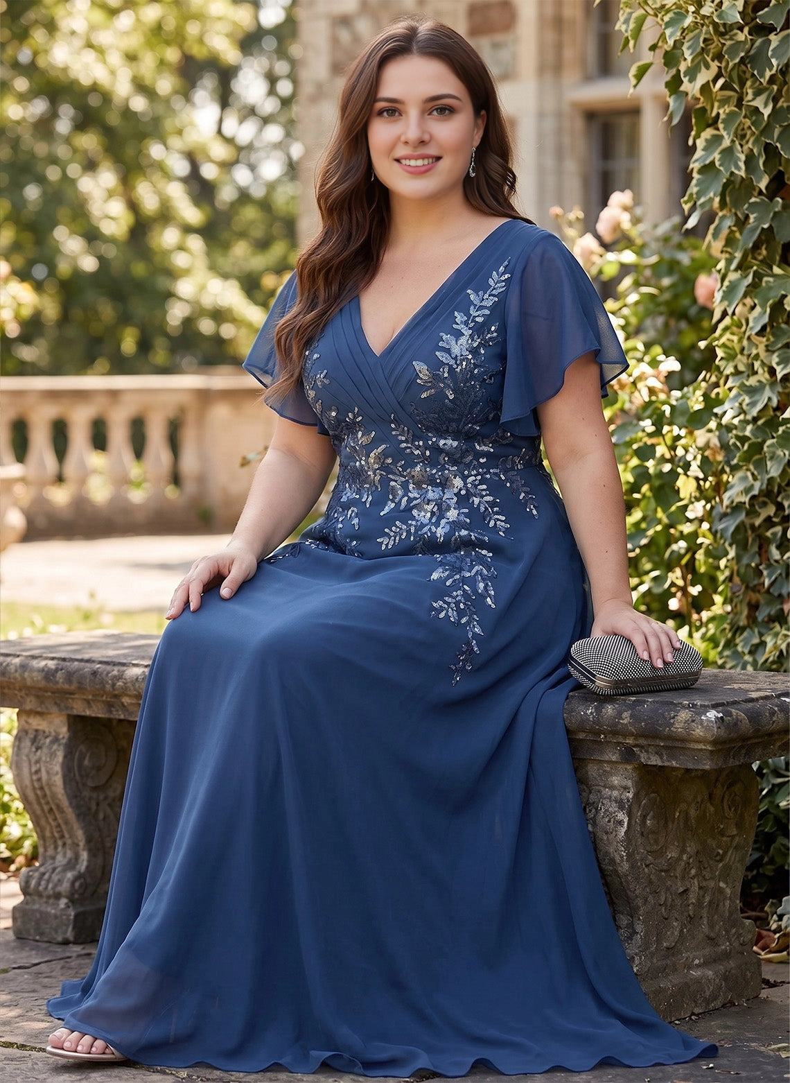 Stunning Plus Size A-Line V-Neck Flutter Sleeve V-Back Floor-Length Mother Of Bride Dress
