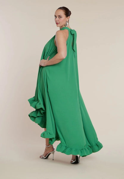 roselledress emerald green crepe formal maxi dress asymmetric drape sleeve high neck back slit plus size wedding guest dress back view