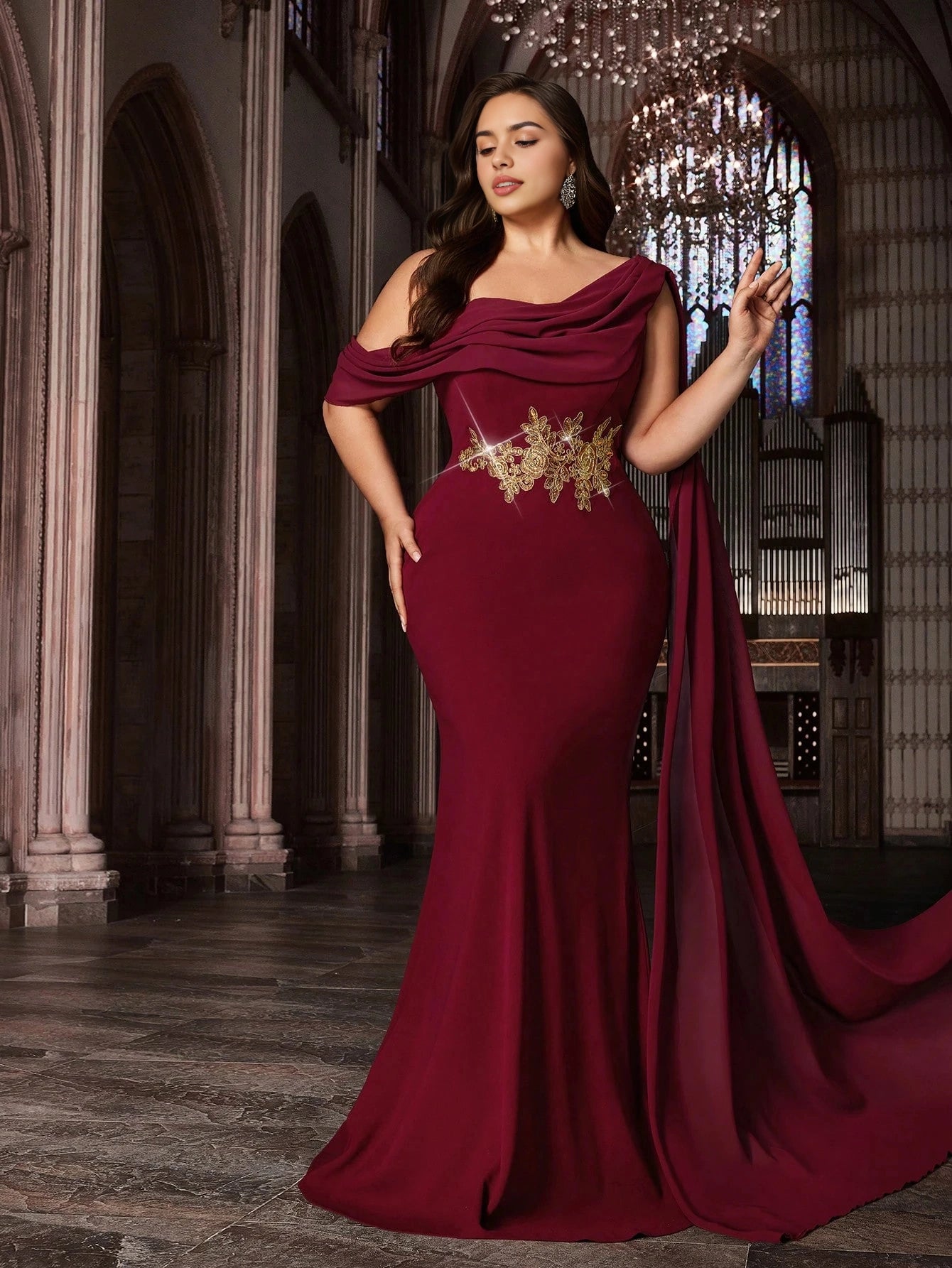 Roselledress plus size burgundy mermaid prom dress one shoulder cape sleeve gold applique floor length front view
