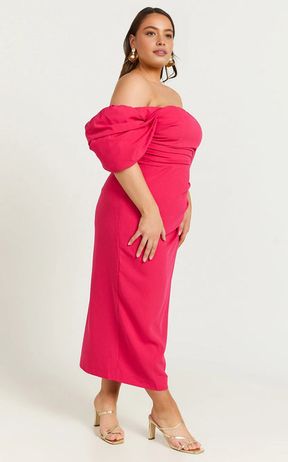 Elegant Sheath Off Shoulder Puff Sleeve Low Back Zipper Back Back Slit Plus Size Midi Wedding Guest Dress