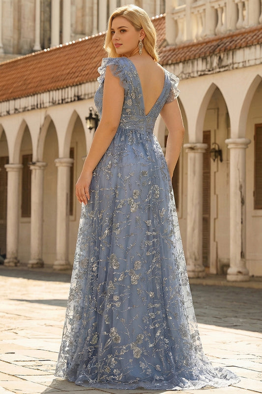 Roselledress plus size evening gown deep v back silver floral lace formal dress rear view