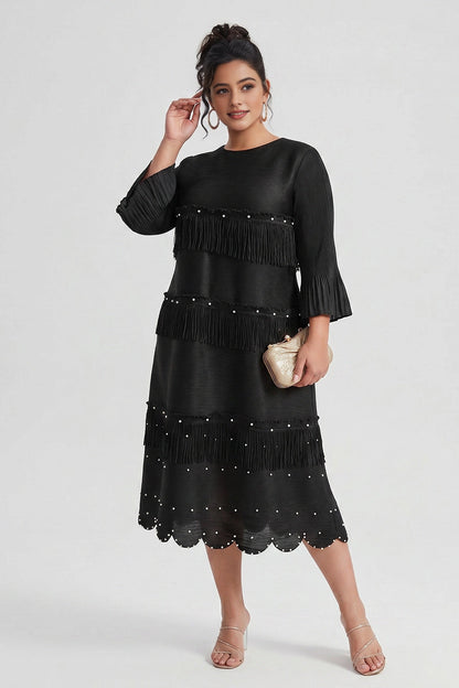 Shift Midi Round-Neck Pleated-Sleeve Solid-Back Midi plus size Mother Of Bride Dress