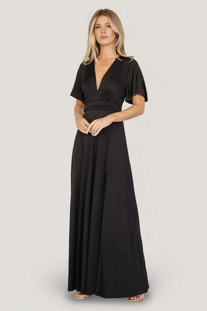 Slim plus size A-line V-Neck Flutter Sleeve Closed-Back Maxi Mother Of Bride Dress
