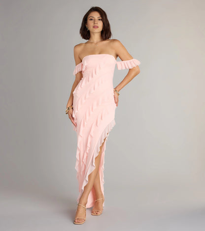 Roselledress Light Pink off shoulder tube chiffon cascading ruffle high slit maxi prom dress front shot