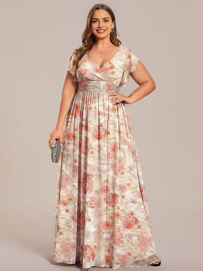 Roselledress Soft Nude Plus Size A Line V Neck Flutter Sleeves Heart Cutout Back Maxi Weeding Guest Dress
