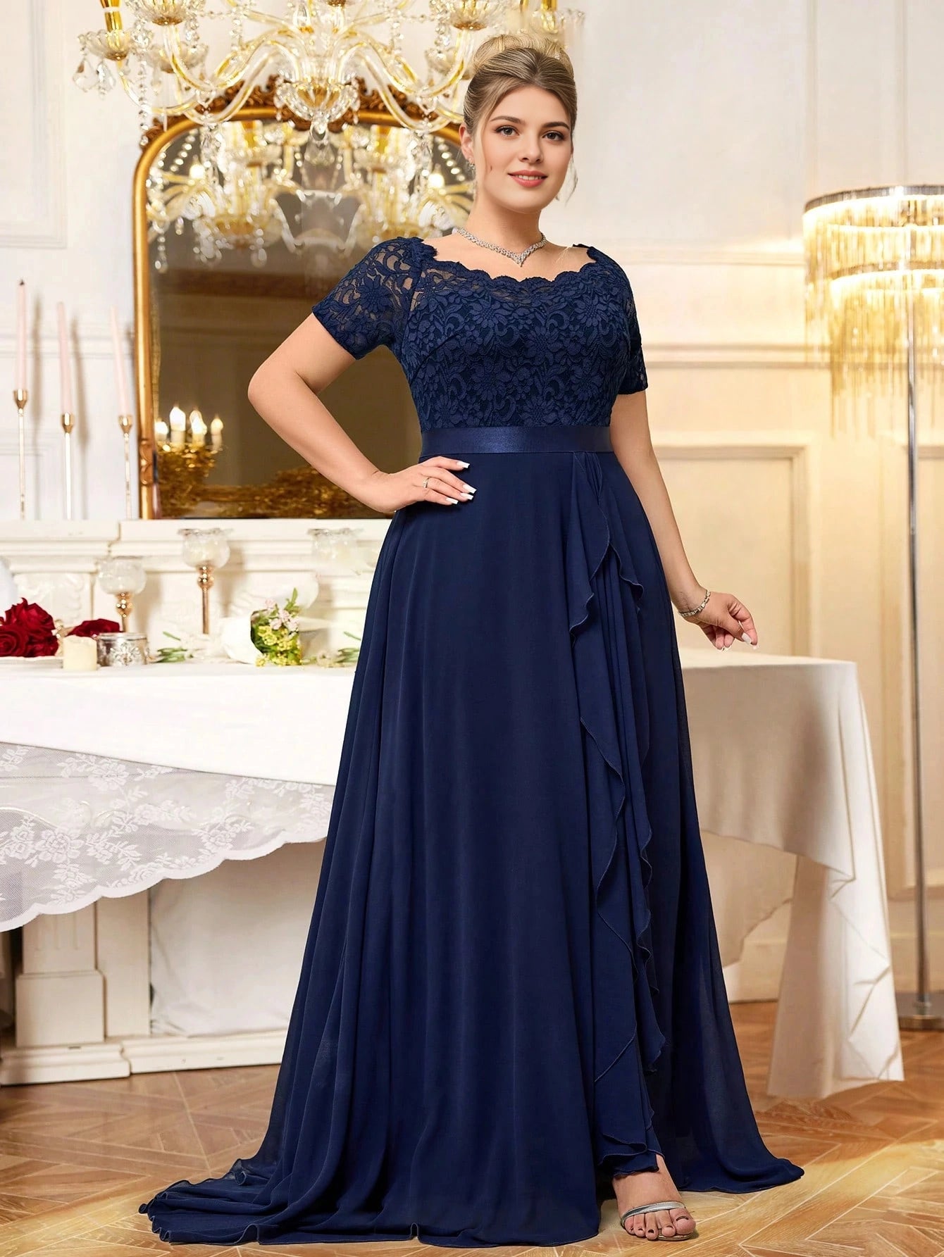 Elegant A‑Line Scalloped‑Square Short‑Sleeve Scalloped‑Back Floor‑Length Mother Of Bride Dress