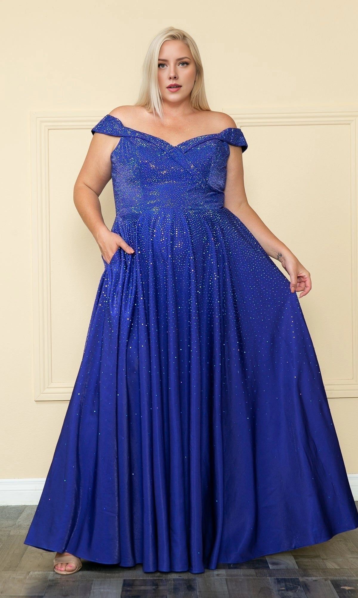 Elegant A-Line Off The Shoulder Corset Back Floor-Length Plus Size Rhinestone Satin Prom Dress