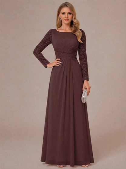 Elegant A Line Boat Neck Long Sleeve Zip Back Long Mother Of Bride Dress