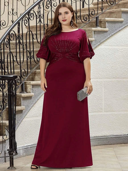Roselledress Beaded A-Line Plus Size Scoop Cutout Sleeve Zipper Back Floor Weeding Guest Dress