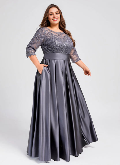 Luxury A-line Bateau 3/4-Sleeve Bow-Back Maxi plus size Mother Of Bride Dress