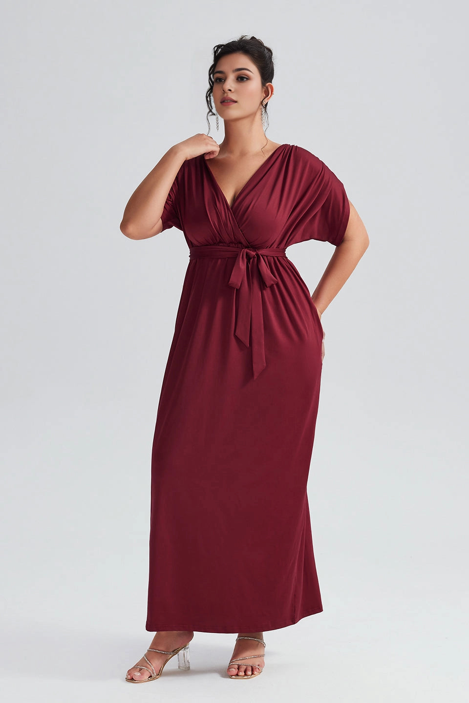 Navy Plus Size A‑Line Wrap V‑Neck Dolman‑Sleeve Pleated‑Back Floor‑Length Prom Dress