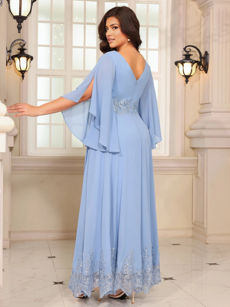 Back view roselledress v‑back zip‑back cape sleeve pocketed sequin lace chiffon floor‑length plus size mother gown