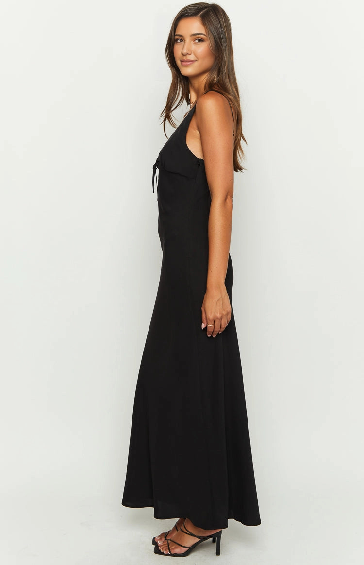 Black Slip Mermaid Lace V Neck Spaghetti Strap Open Back Long Prom Dress