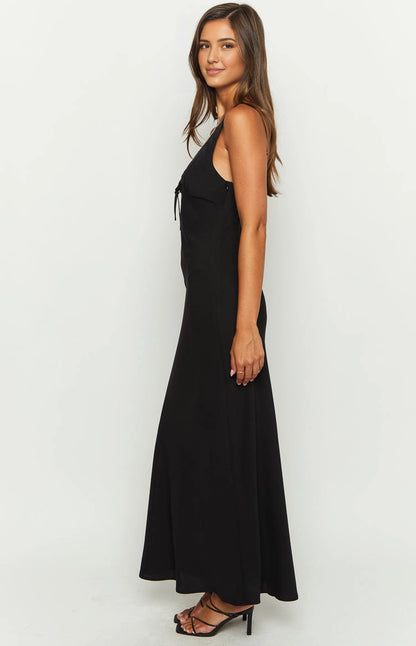 Black Slip Mermaid Lace V Neck Spaghetti Strap Open Back Long Prom Dress