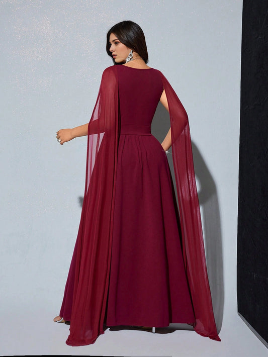 Roselledress plus size evening gown solid round back zipper closure burgundy cape chiffon formal dress rear view