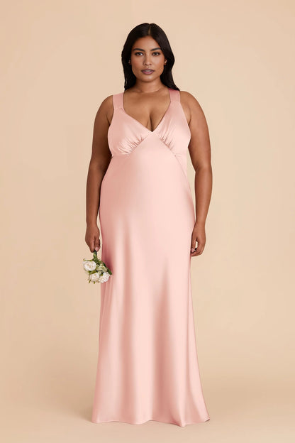 Soft Satin Mermaid V Neck Sleeveless Cross Back Maxi Plus Size Bridesmaid Dress