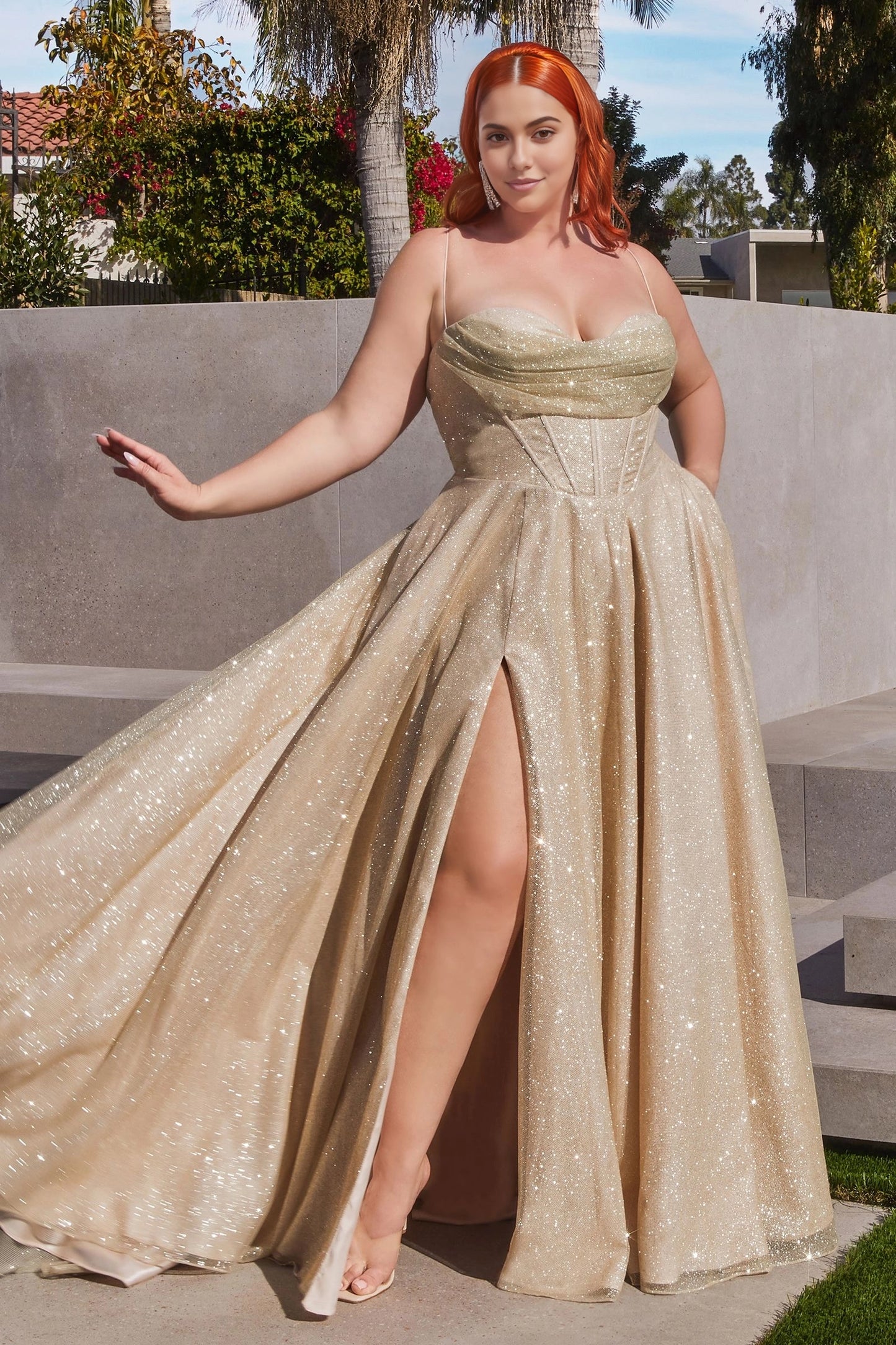 Roselledress Sparkly A-Line Cowl Spaghetti-Strap Zip-Back Floor-Length Plus Size Glitter Prom Dress