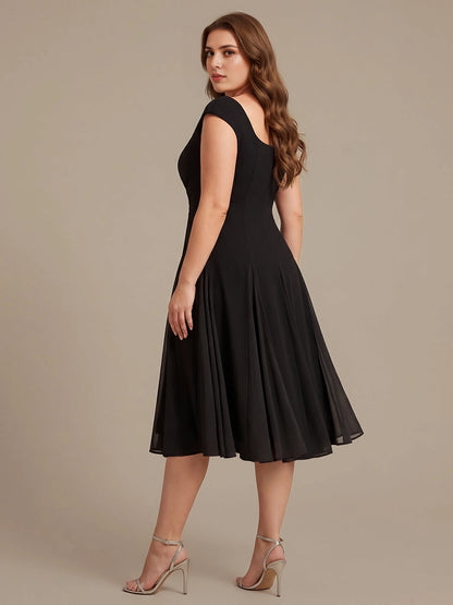 Roselledress Black White Color Block A-Line Square Cap Sleeve Zip Back Midi Plus Size Weeding Guest Dress