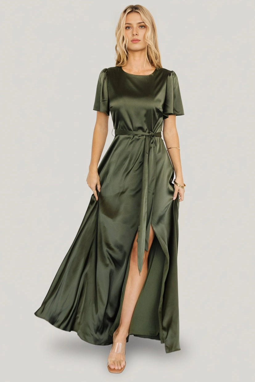 roselledress olive green satin bridesmaid maxi dress round neck short sleeve tie waist high slit formal gown