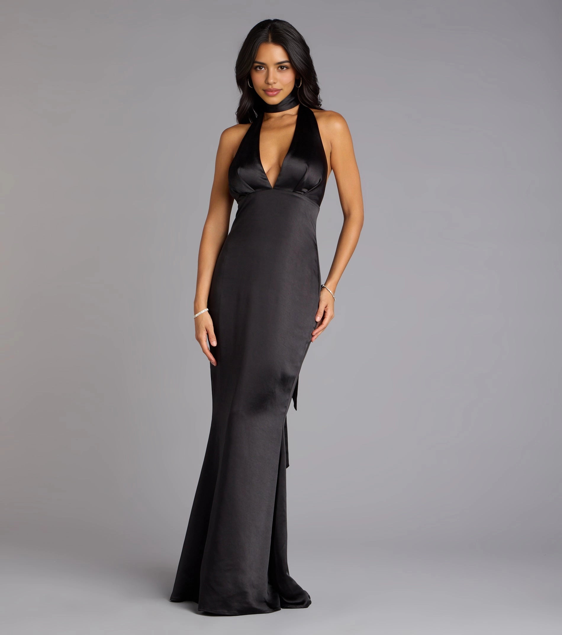 roselledress black satin halter deep v mermaid floor length formal prom dress