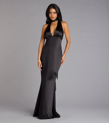 roselledress black satin halter deep v mermaid floor length formal prom dress
