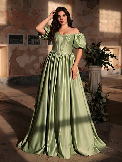 Plus Size Sage‑Green A‑Line Off‑The‑Shoulder Puff‑Sleeve Corset‑Back Floor‑Length Prom Dress