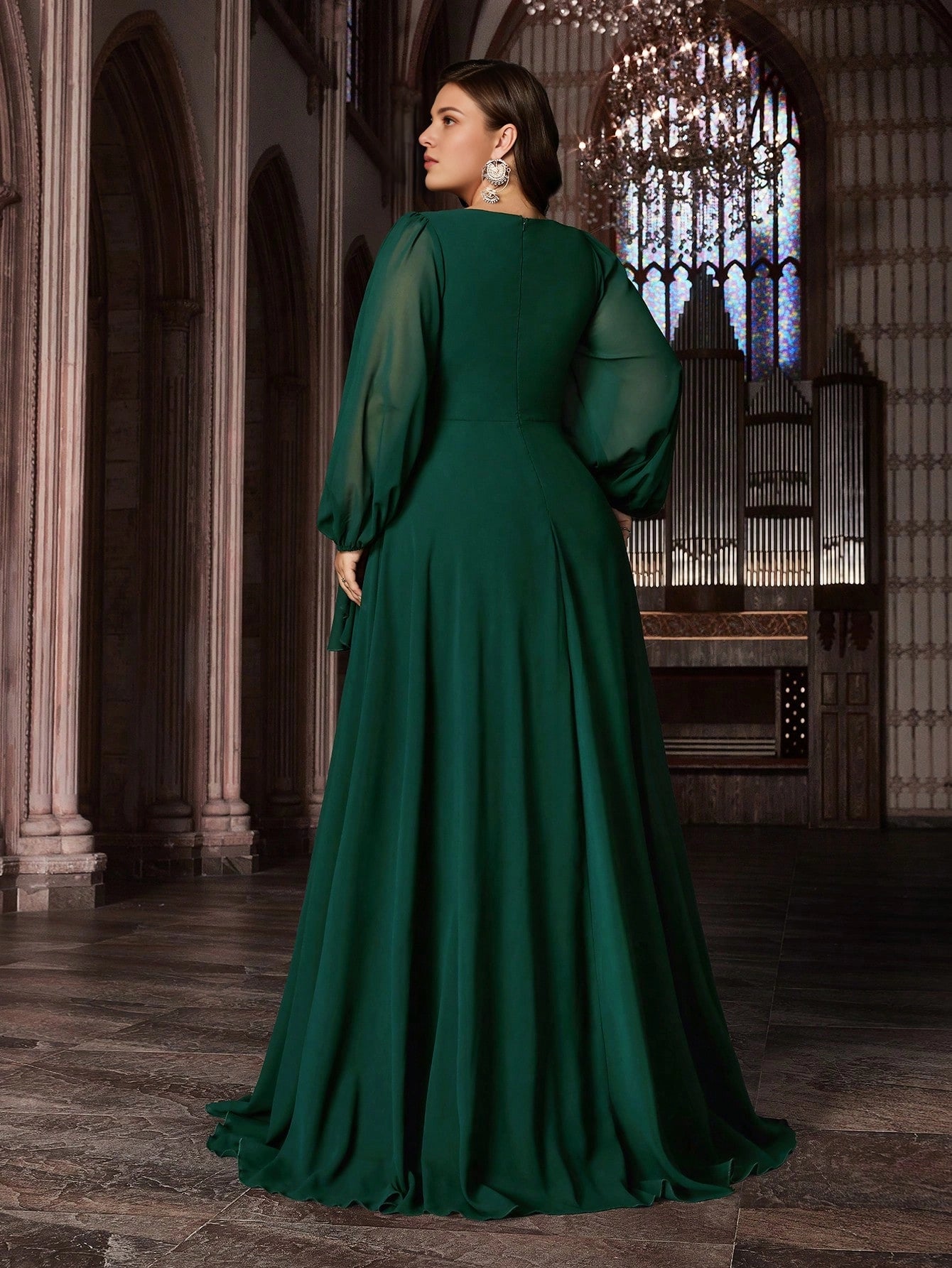 Roselledress plus size evening gown solid zipper back emerald a‑line formal dress rear view