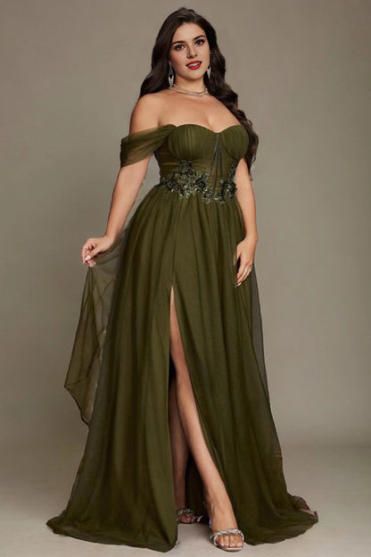Olive Green Plus Size A‑Line Off‑The‑Shoulder Short‑Sleeve Lace‑Up‑Back Long Prom Dress