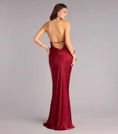 roselledress chain strap cowl open back burgundy satin prom maxi gown