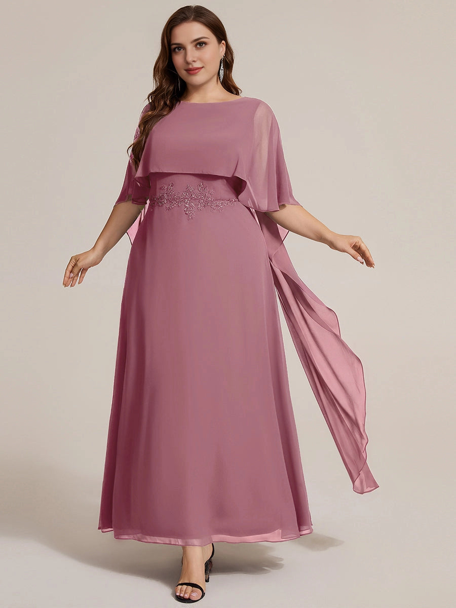 RoselleDress dusty pink chiffon boat neck cape sleeve plus size floor length wedding guest dress with lace waist applique