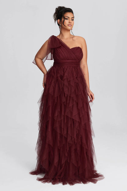 Peacock Plus Size A-Line One Shoulder Closed Back Long Prom Dress