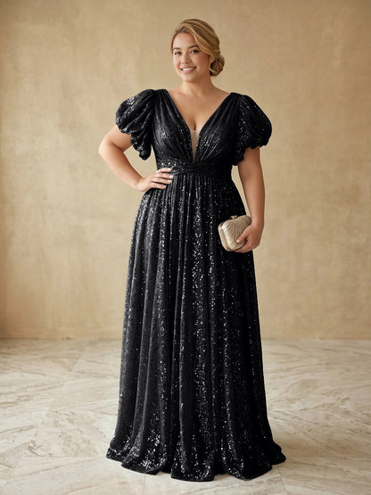 Glamorous A-Line Deep V Puff Sleeve V-Back Floor Length Plus Size Prom Dress