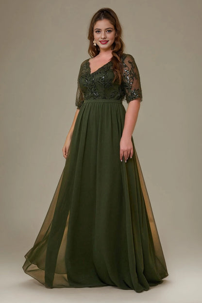 Flowy A-Line V-Neck Mid-Sleeve V-Back Floor-Length plus size Mother Of Bride Dress