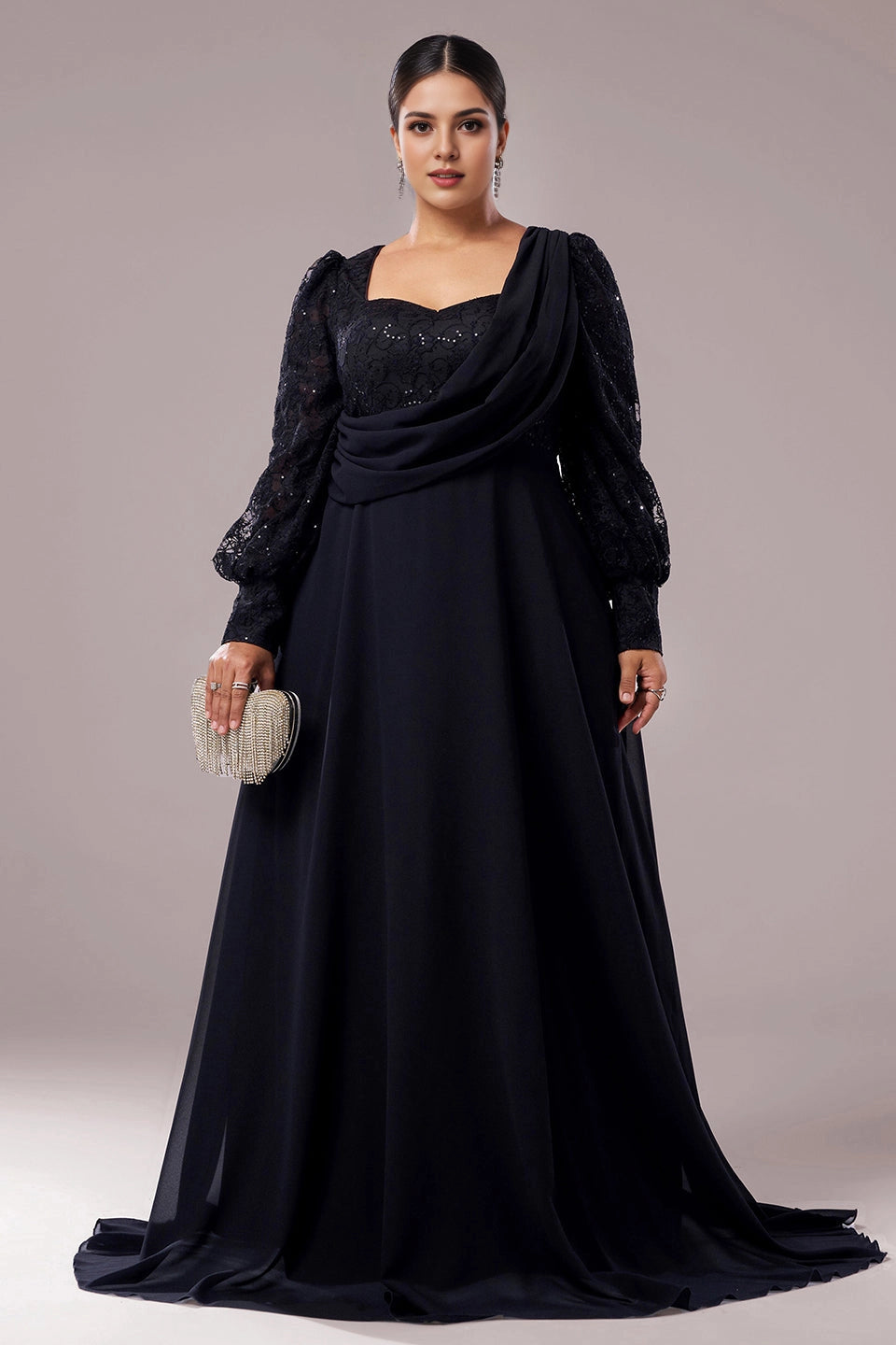 Plus Size Black A‑Line Draped‑Neck Lace‑Long‑Sleeve Round‑Back Train‑Length Prom Dress
