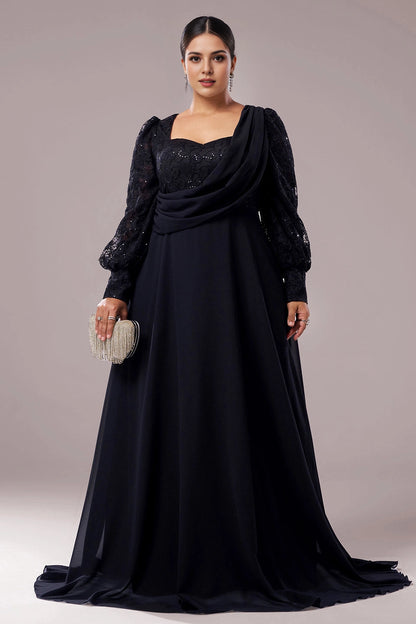 Plus Size Black A‑Line Draped‑Neck Lace‑Long‑Sleeve Round‑Back Train‑Length Prom Dress