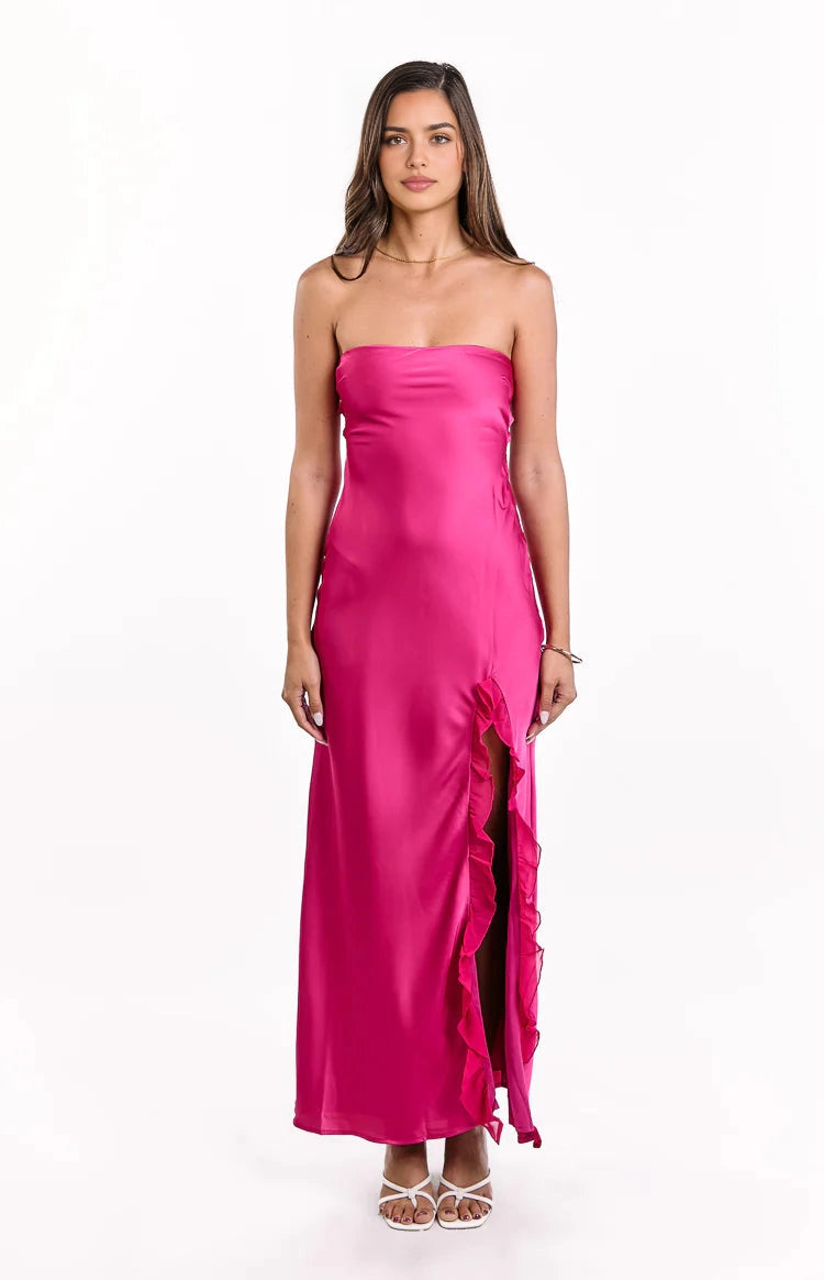 Hot Pink Sheath Strapless Tube Lace Up Back Long Prom Dress