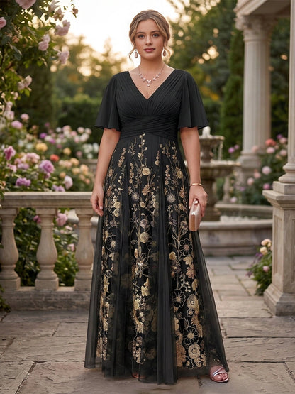 Dreamy Plus Size A-Line V-Neck Flutter-Sleeve V-Back Floor-Length Mother Of Bride Dress